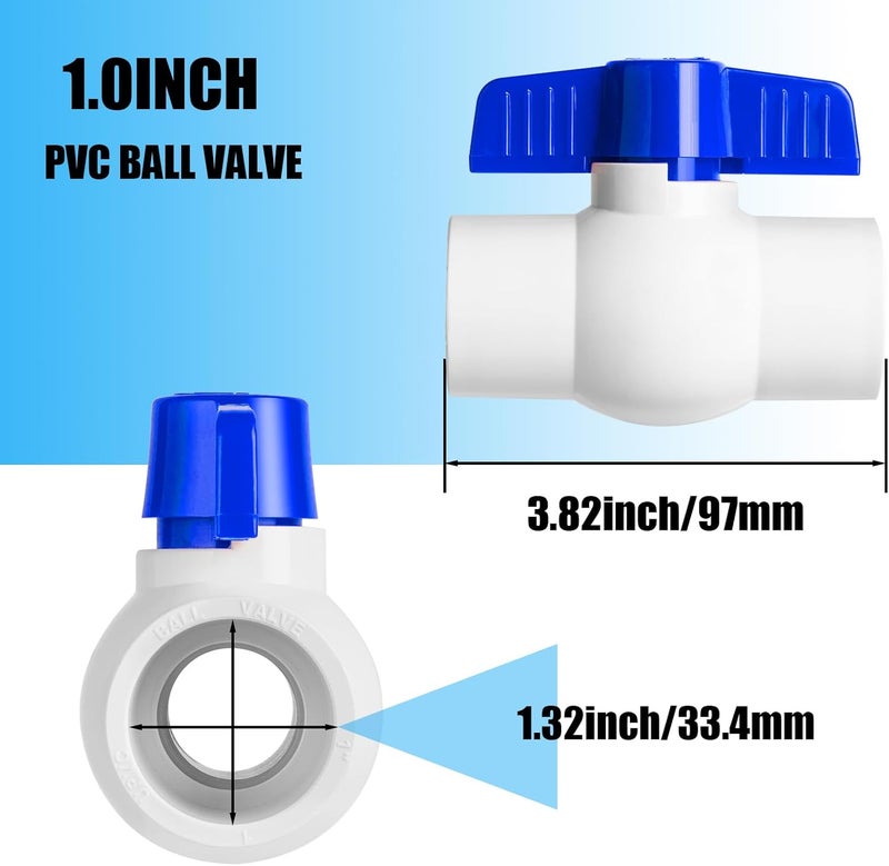 AODESTINY 6PCS 1" PVC Ball Valve, Shut-Off Ball Valves Socket with Easy Turn Blue T-Handles, Slip PVC Valve for Water Project, Swimming Pool, Sewage Pump, Sprinkler Lines, Outdoor Plumbing & Irrigation System - Image 2